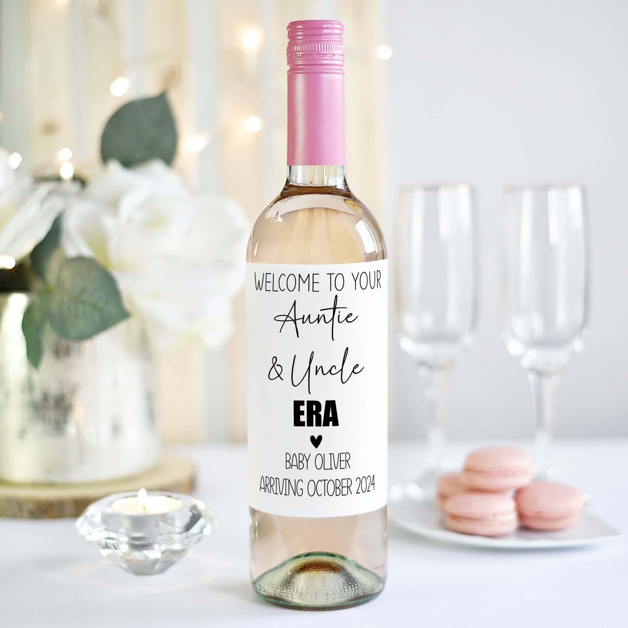 auntie & uncle era wine label gift for baby announcement