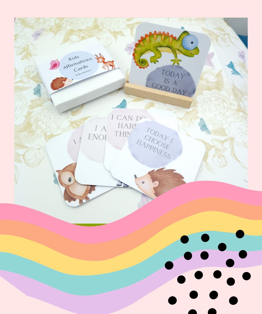 Kids affirmation cards with gift box and card stand holder