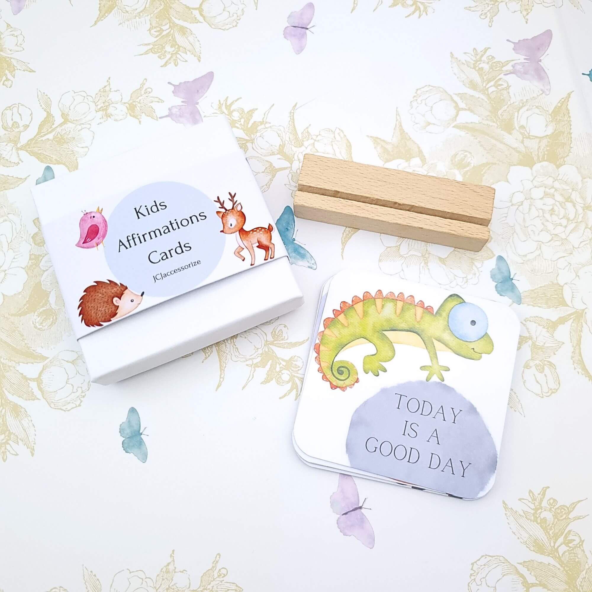 Kids affirmation cards with gift box and card stand holder