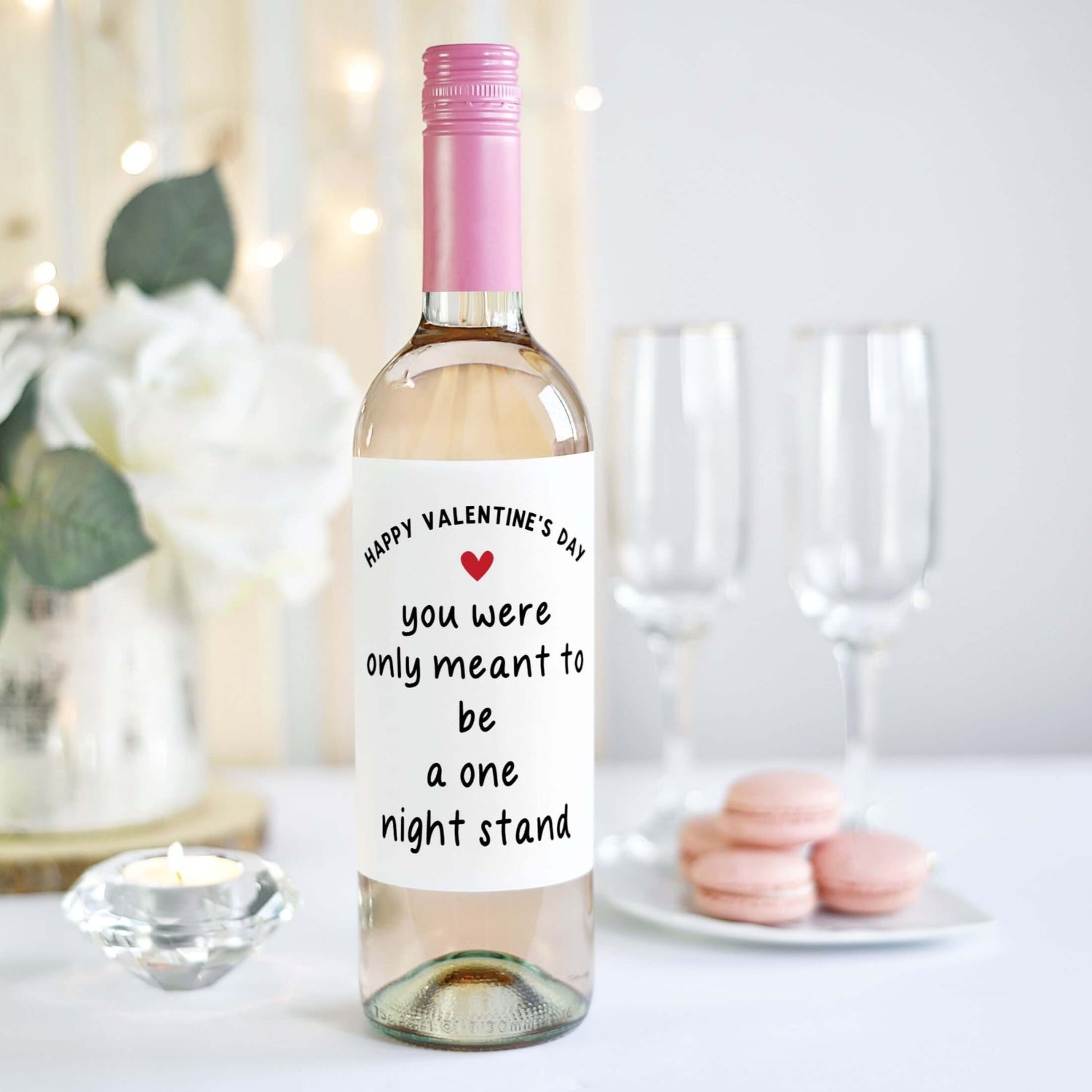 Valentine’s Day wine label on a bottle, featuring a playful message and a sleek glossy finish, perfect for humorous gifting.