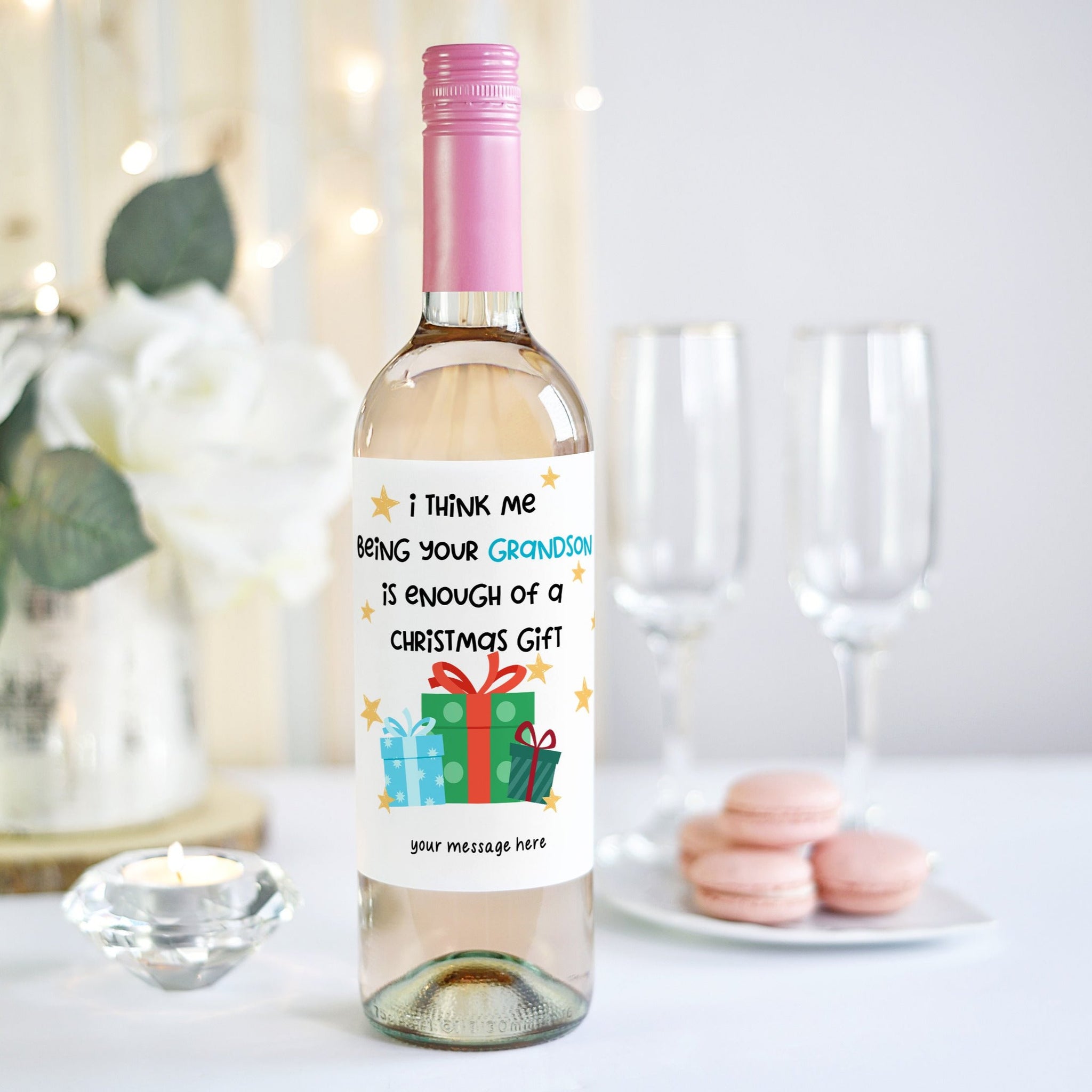 Close-up of a personalised wine bottle label with the text “I think me being your grandson is enough of a Christmas gift” designed for grandparents.