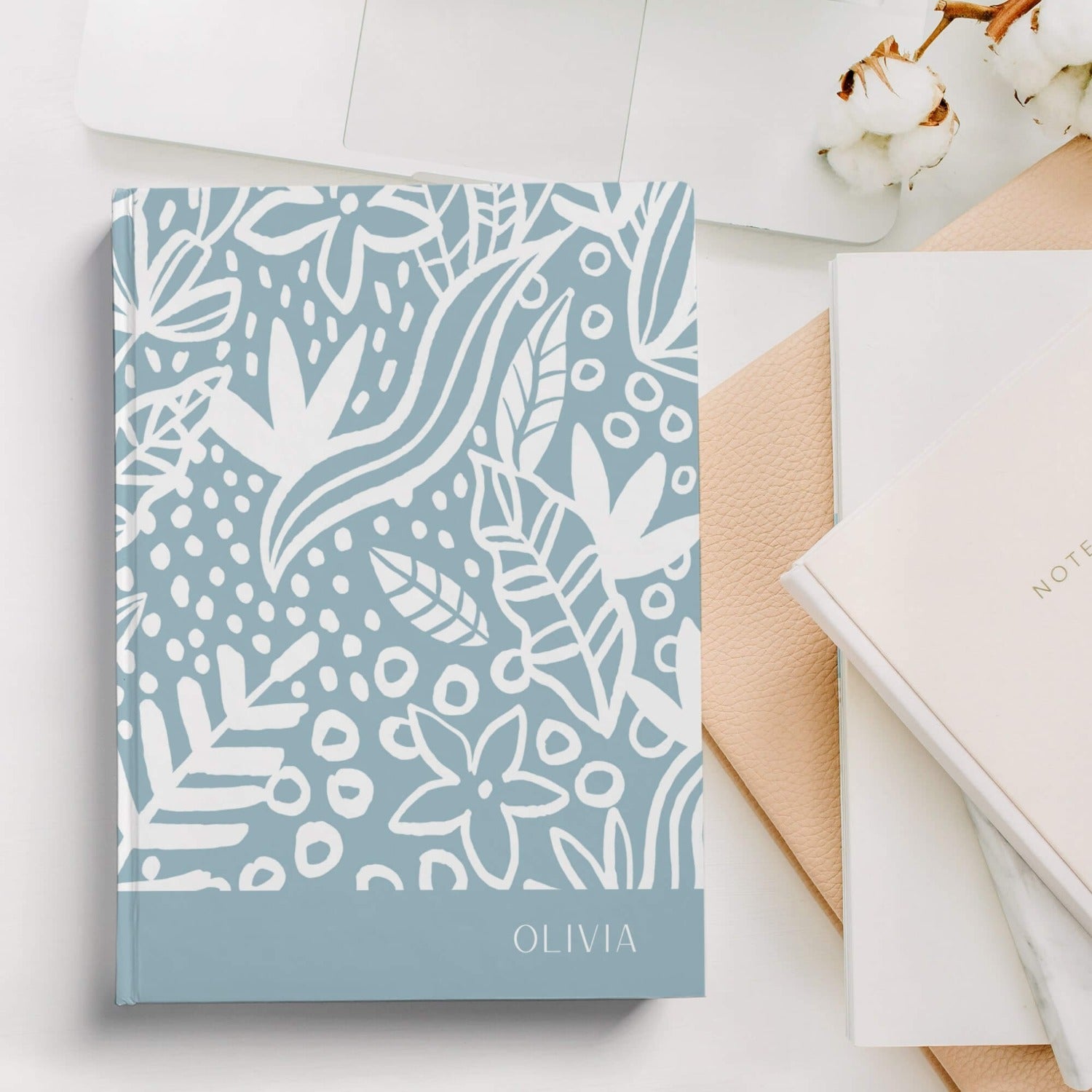 personalised hardcover notebook with abstract blue flowers