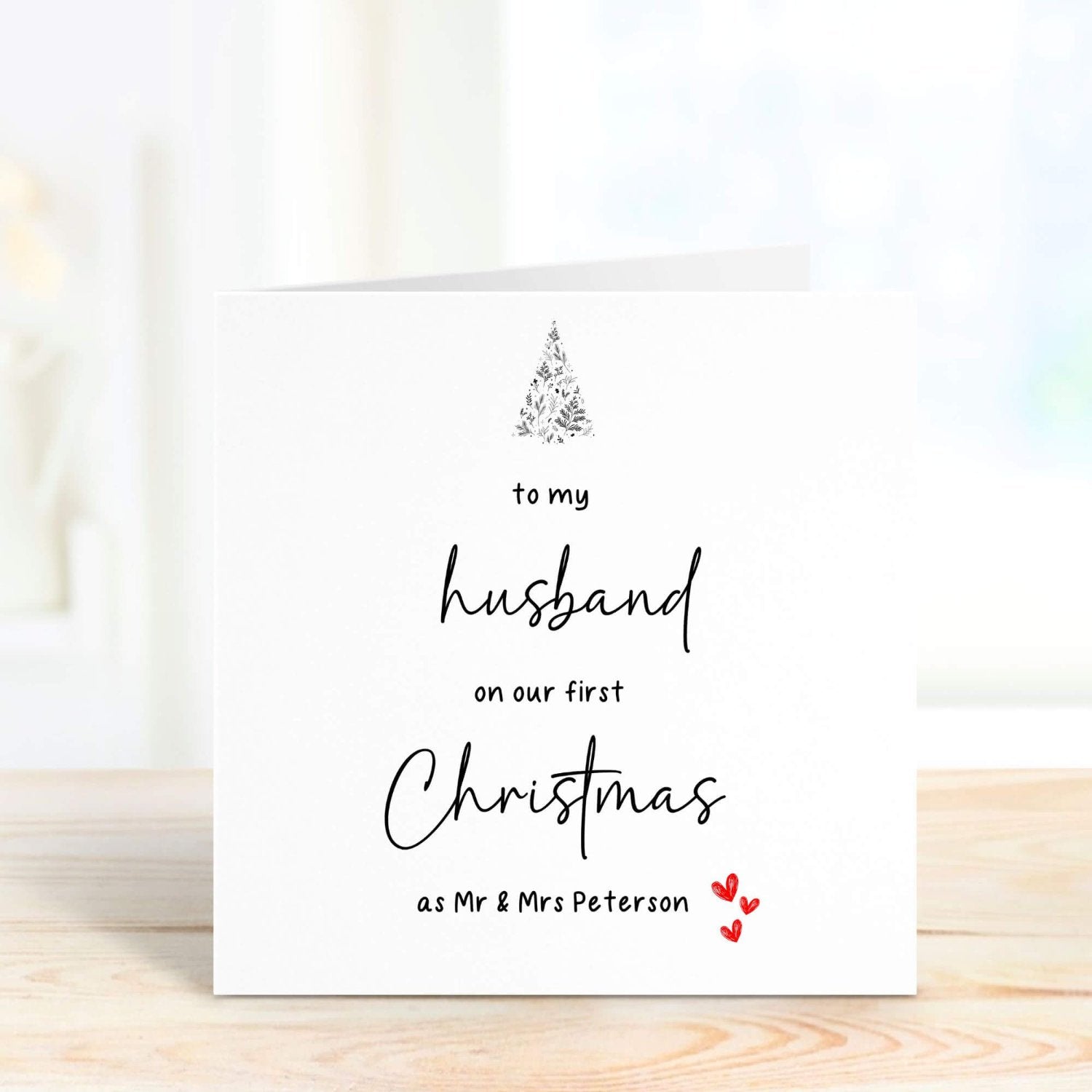 First Christmas card for husband with a customisable message, elegant tree design, and heartfelt greeting for newlyweds celebrating their first holiday season together.