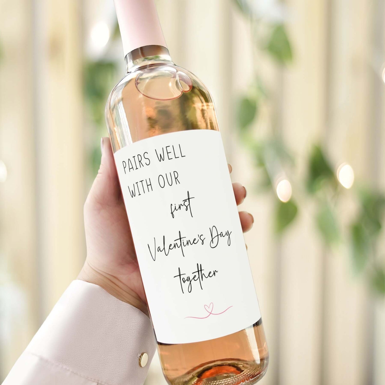 Personalised Valentine’s Day wine label reading 'Pairs well with our first Valentine's Day together' in romantic script.