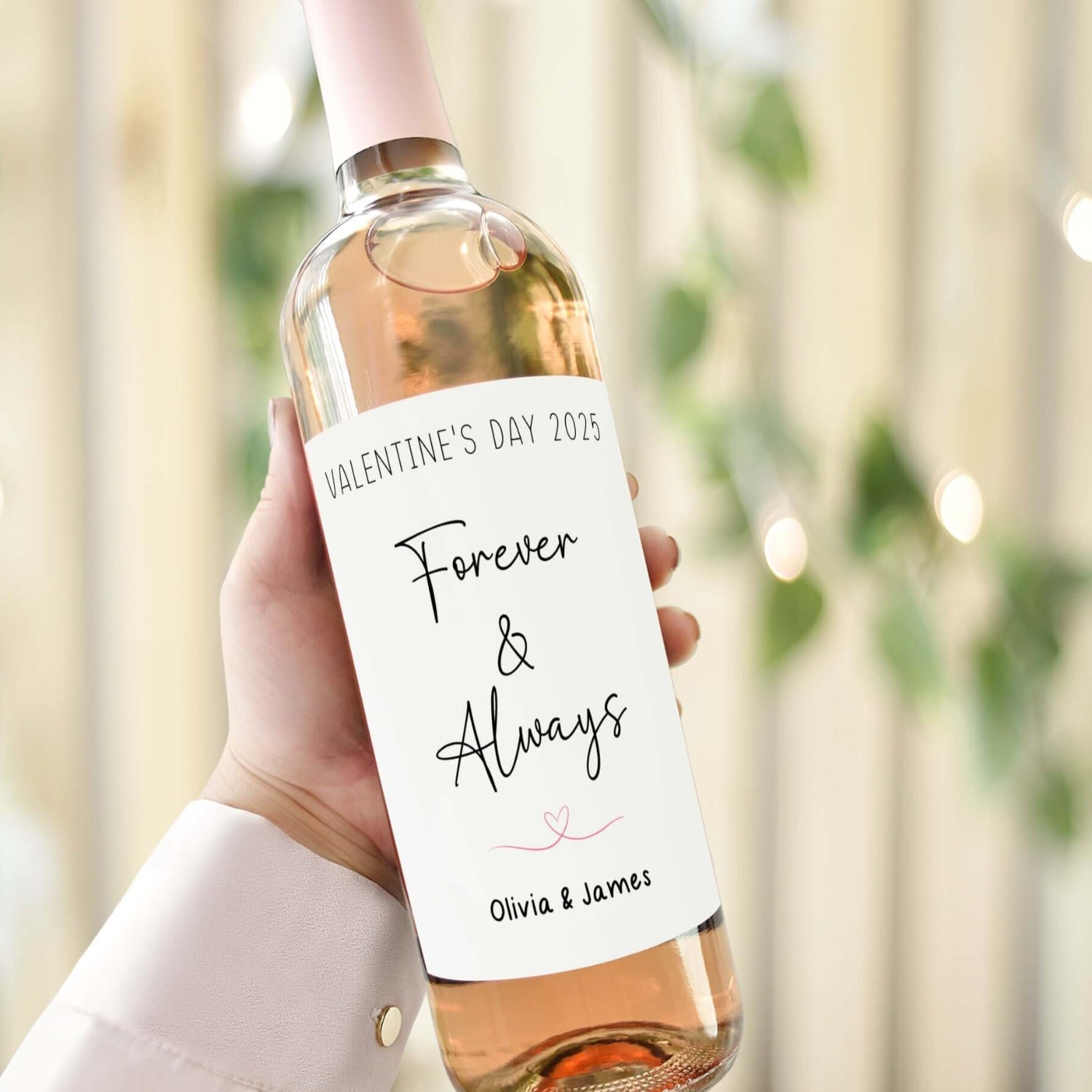 Personalised Valentine’s Day wine label reading 'Forever & Always' with custom names, perfect for romantic celebrations.