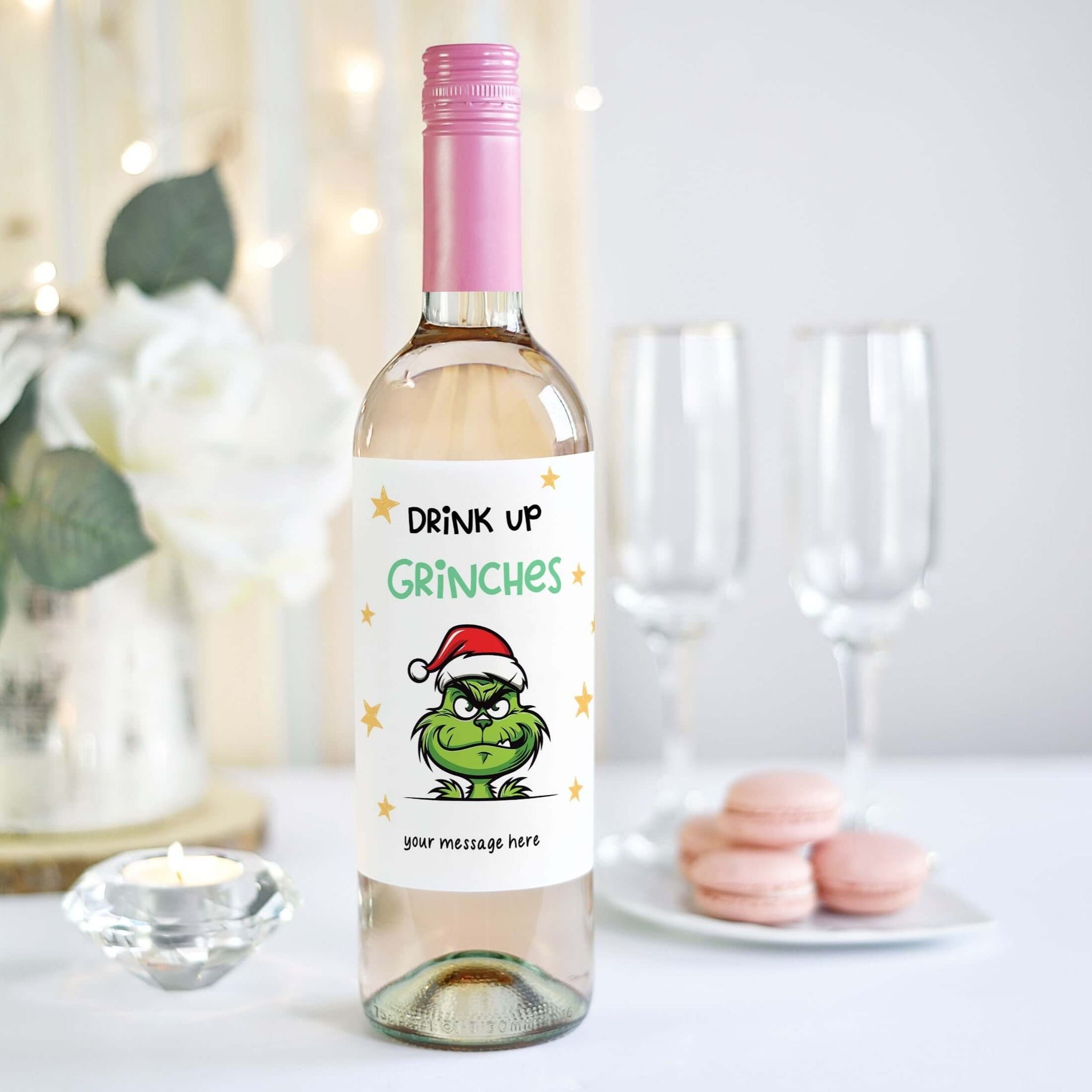 funny Christmas wine bottle label with grinch design