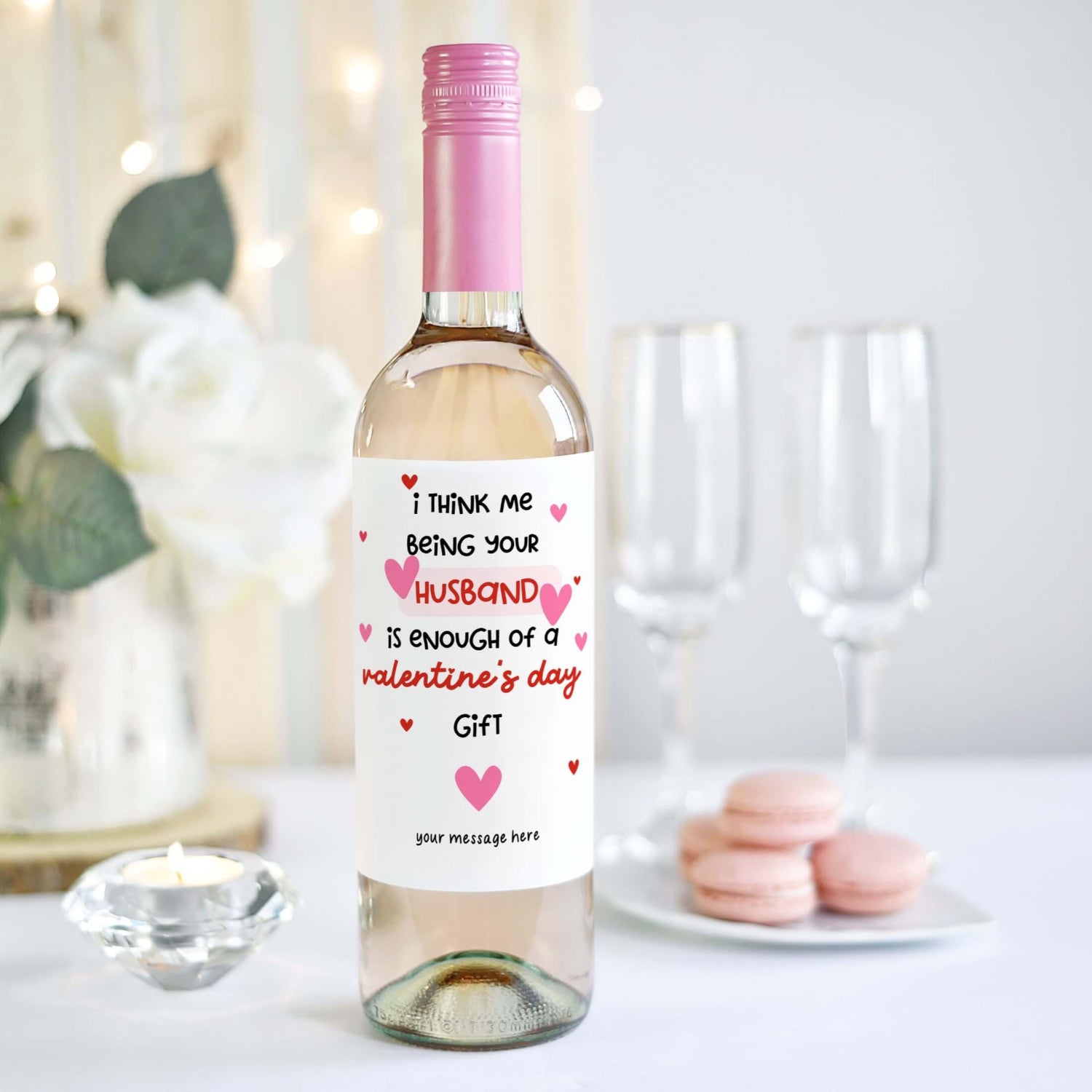 Funny Valentine’s Day wine label featuring a playful message for husbands, ideal for romantic and humorous gifting occasions.