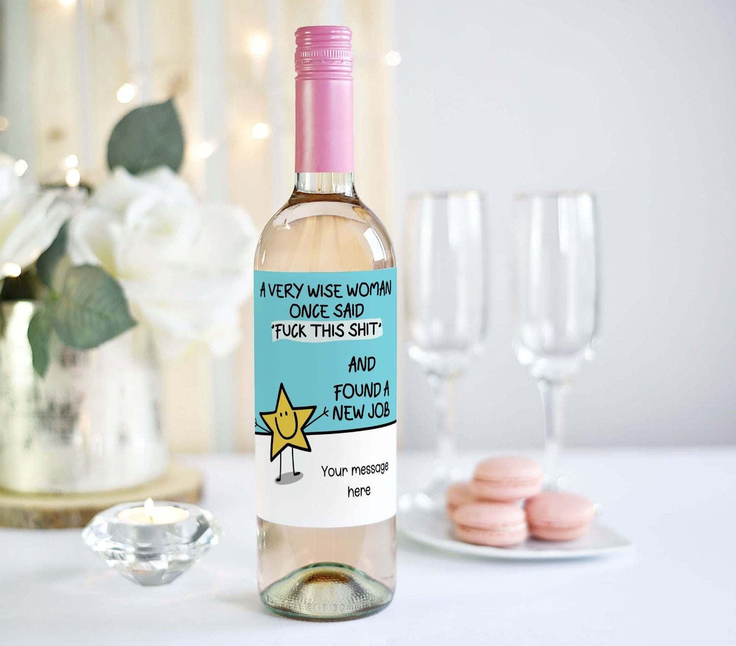 a funny personalised wine bottle label as a new job gift