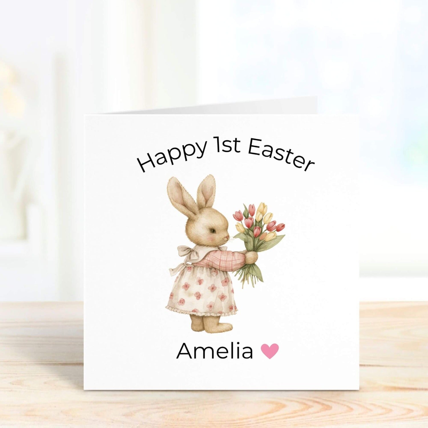 personalised easter card with a bunny and flowers