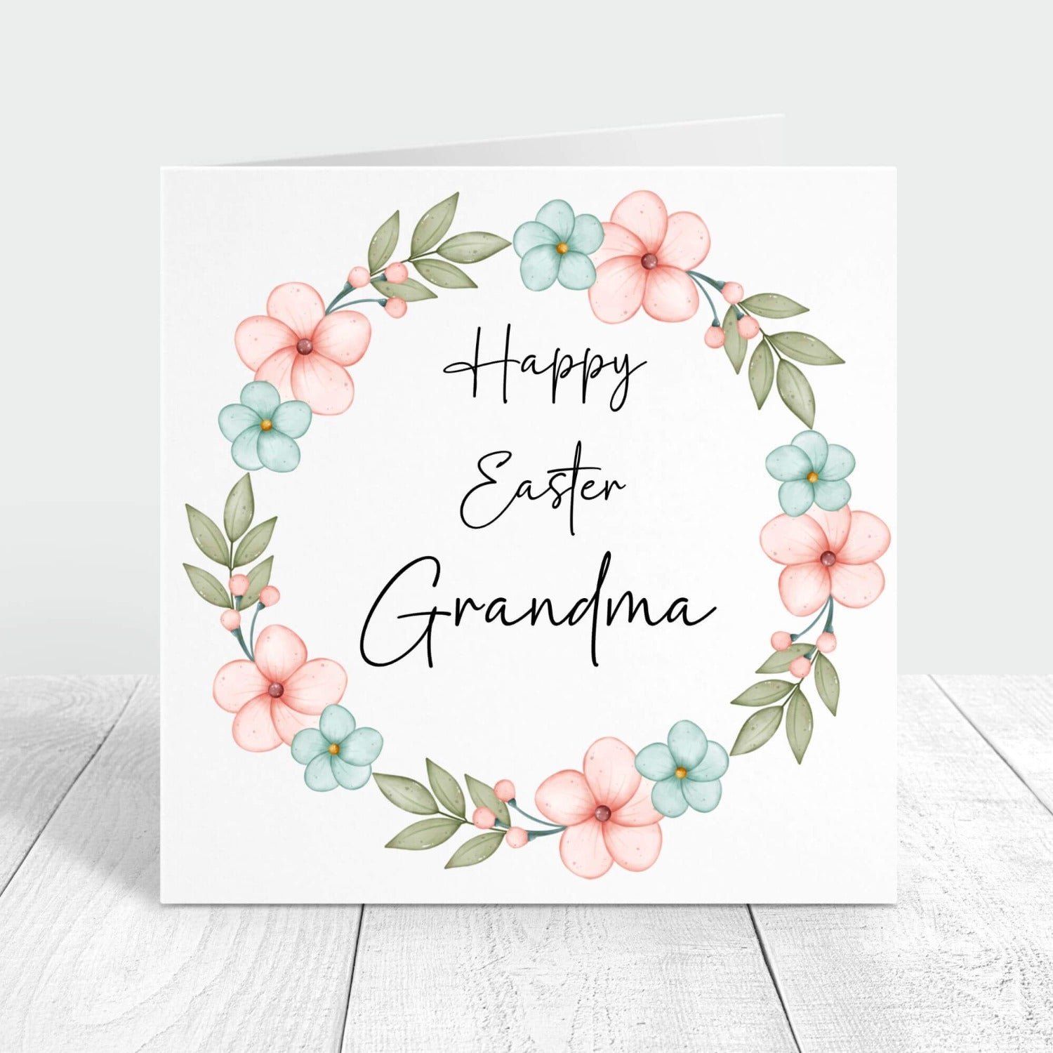 happy easter grandma personalised card with spring wreath