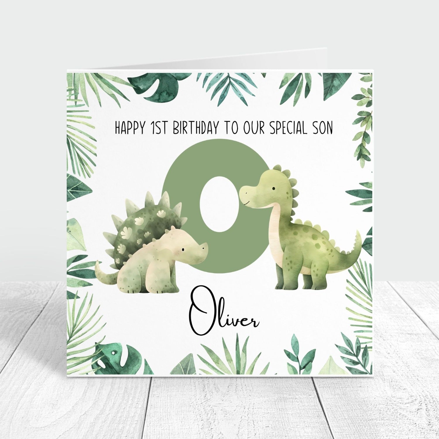 1st birthday card dinosaur themed personalised with name and initial