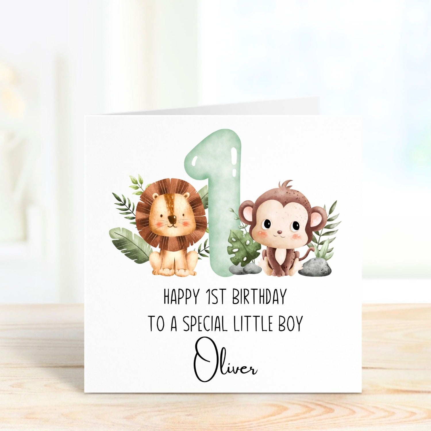 1st birthday personalised card with lion and monkey animals
