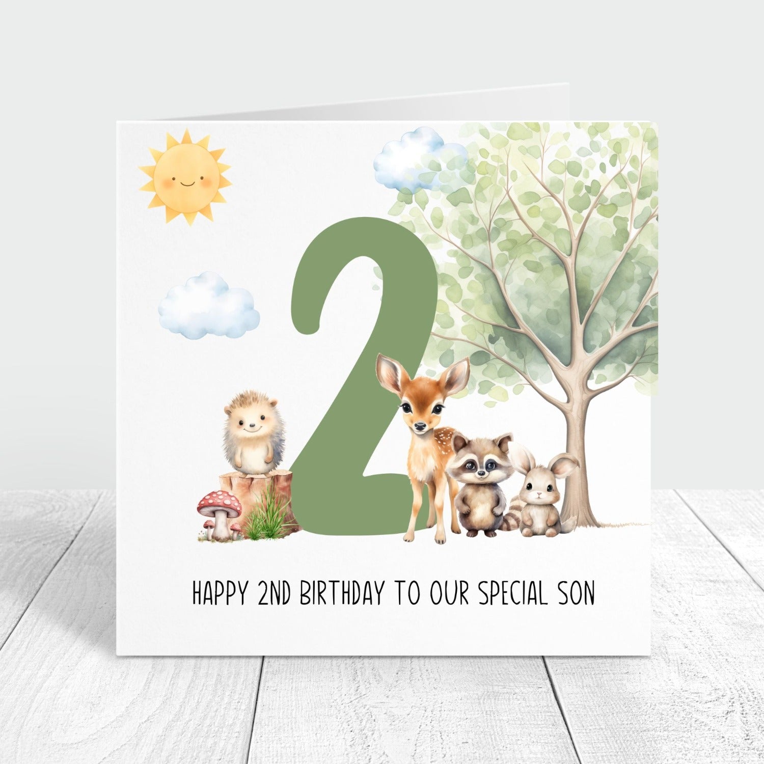 happy 2nd birthday personalised card with woodland animals