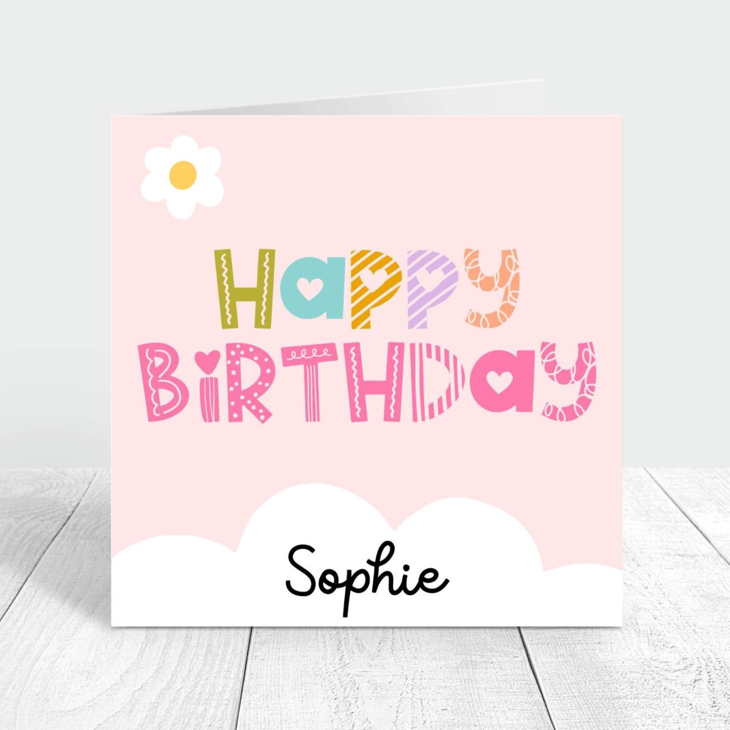 happy birthday personalised card in pink with colourful letters