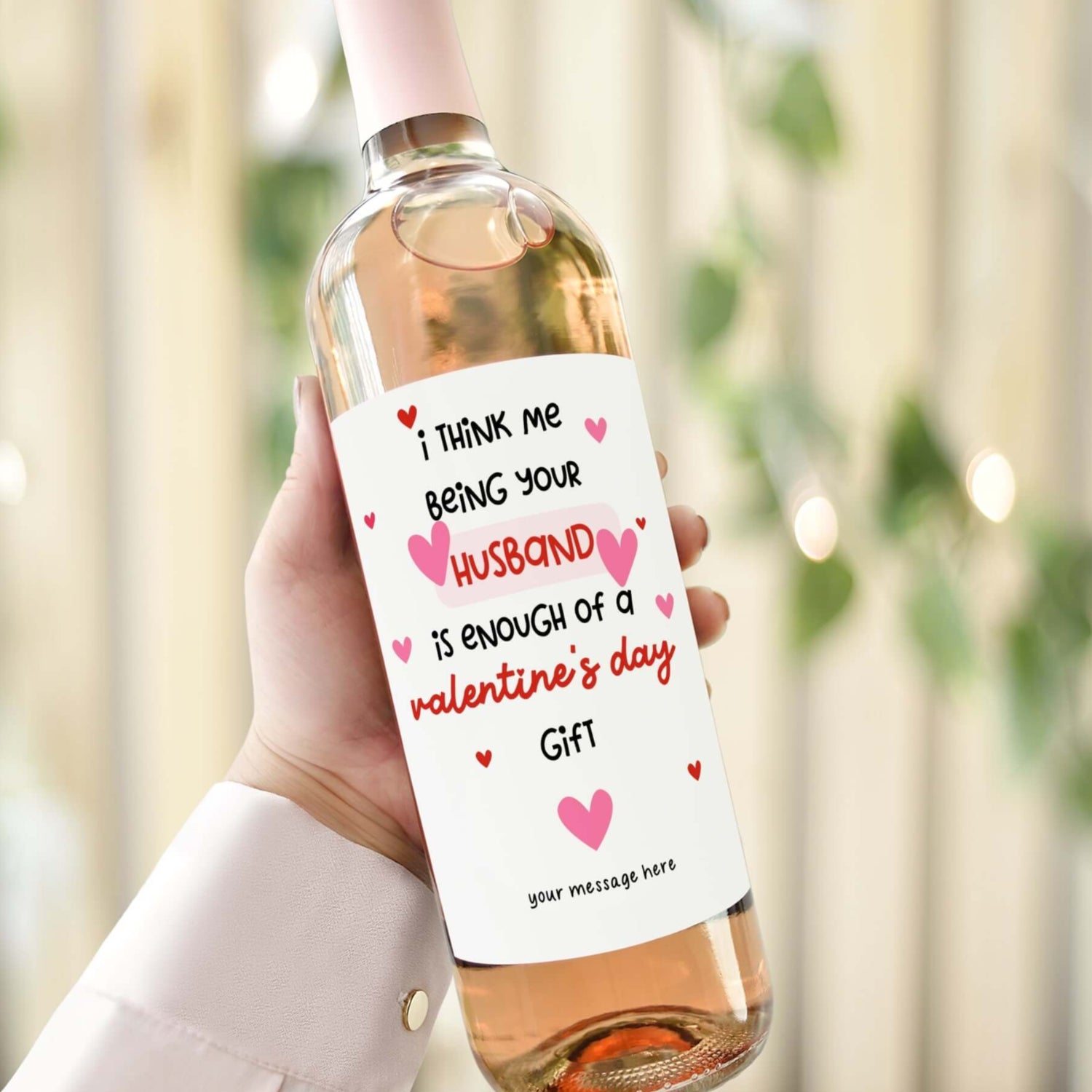 A wine bottle with a Valentine’s Day label reading "I think me being your husband is enough of a Valentine’s Day gift.