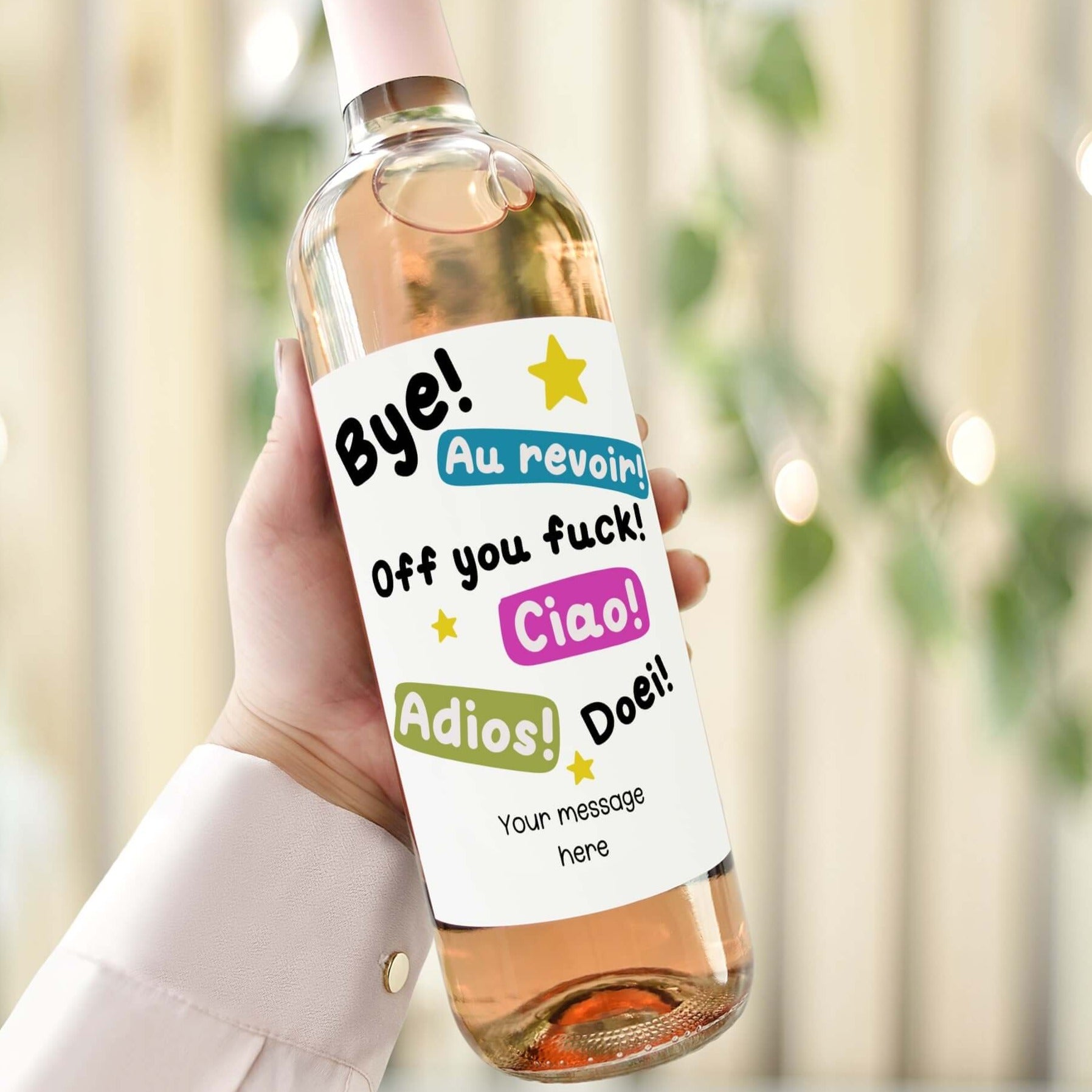 bye, ciao, adios, au revoir funny personalised wine bottle label