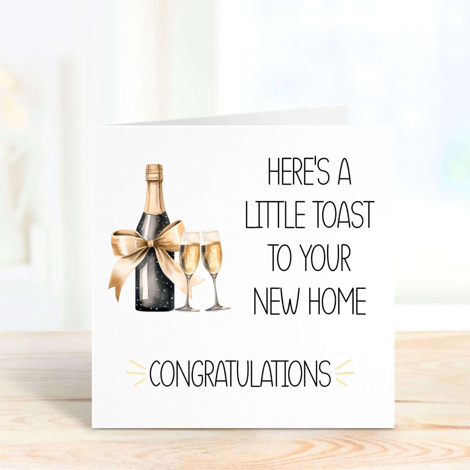 personalised card with champagne bottle toasting to your new home