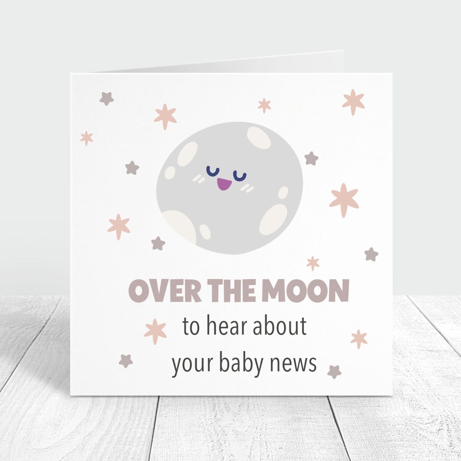over the moon to hear about your baby news personalised card