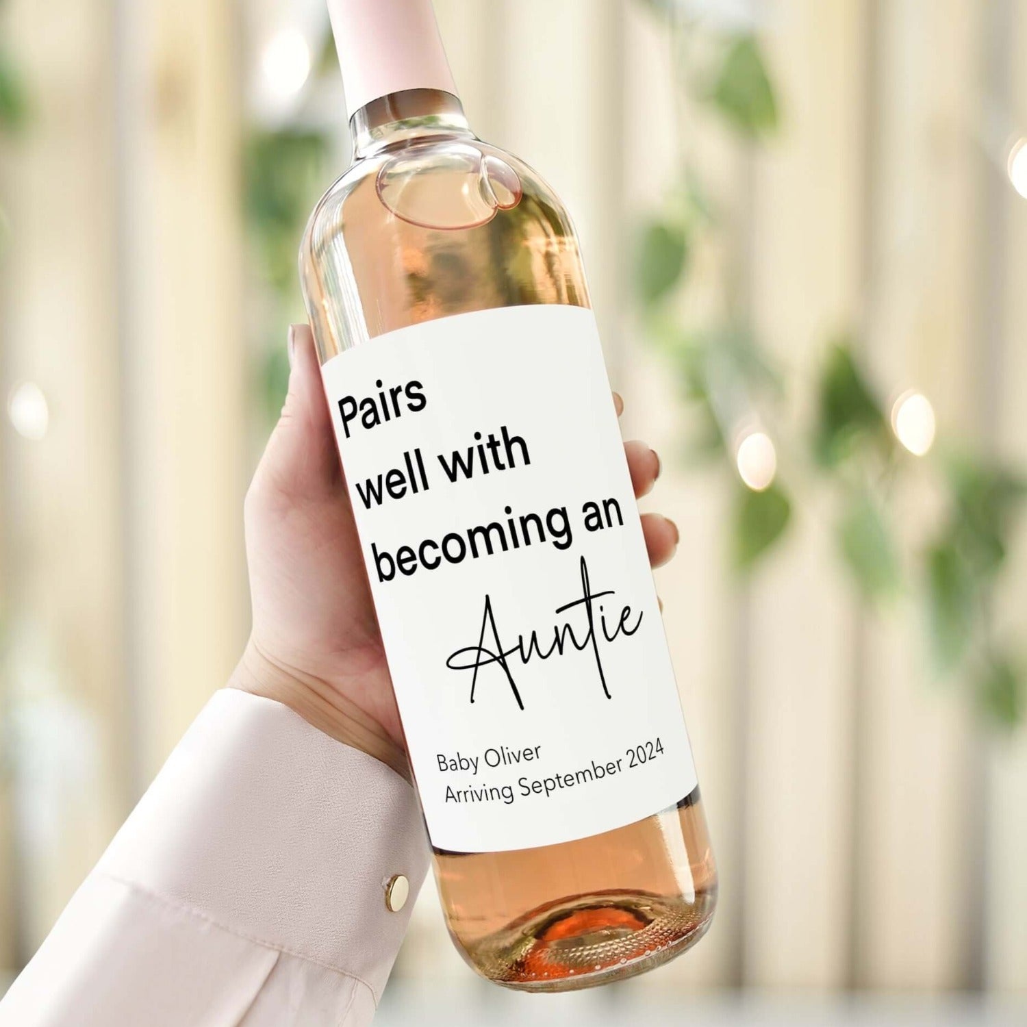 pairs well with becoming an auntie personalised wine bottle label