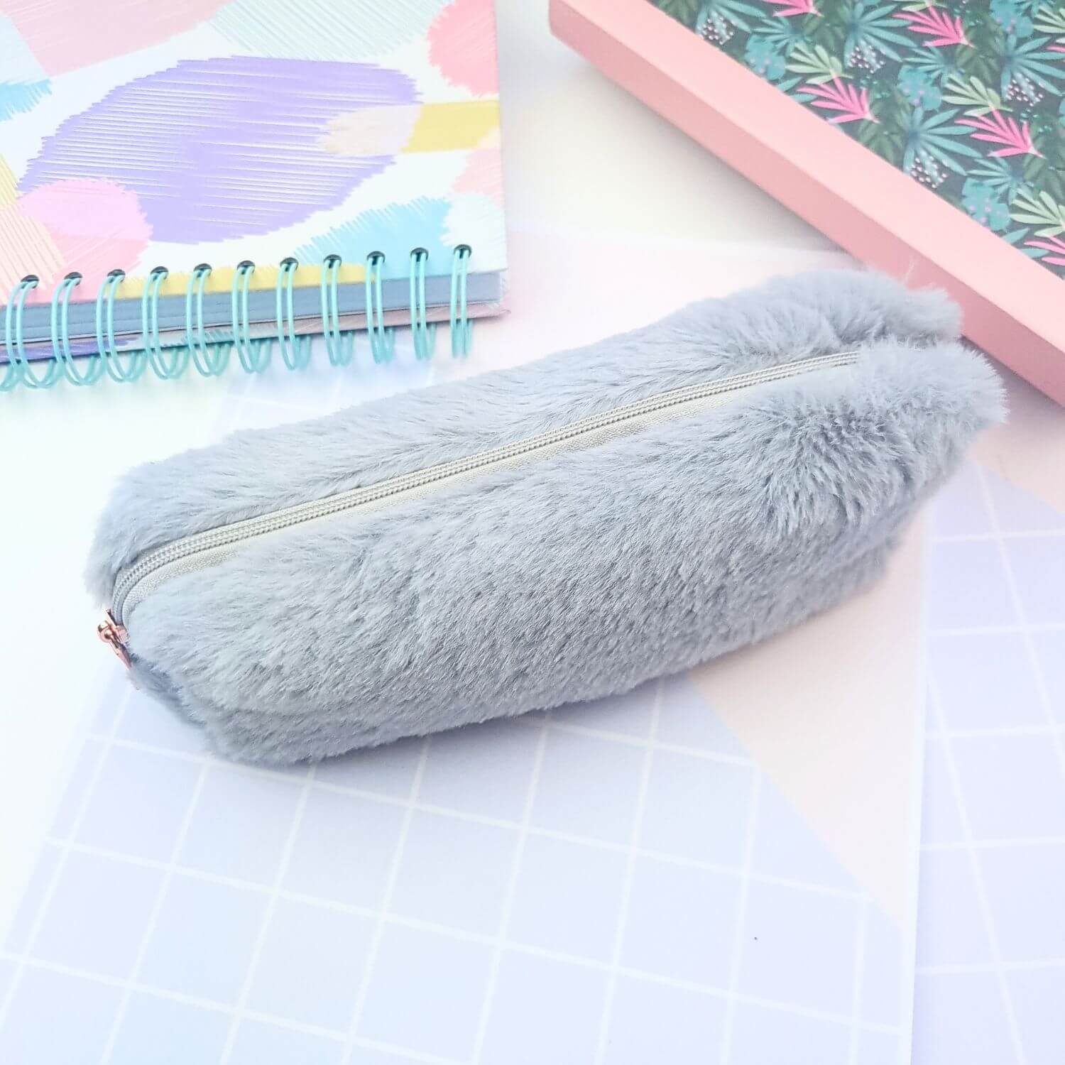 fluffy grey pencil case