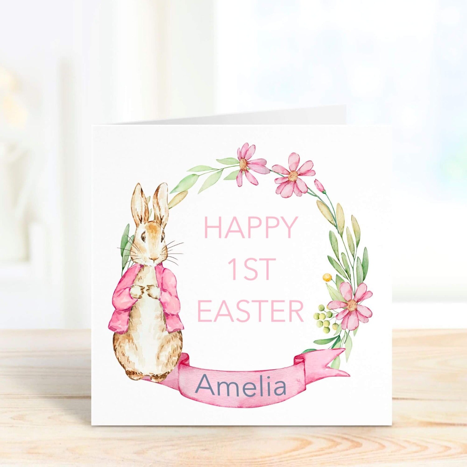 personalised name and message easter card with peter rabbit wreath design