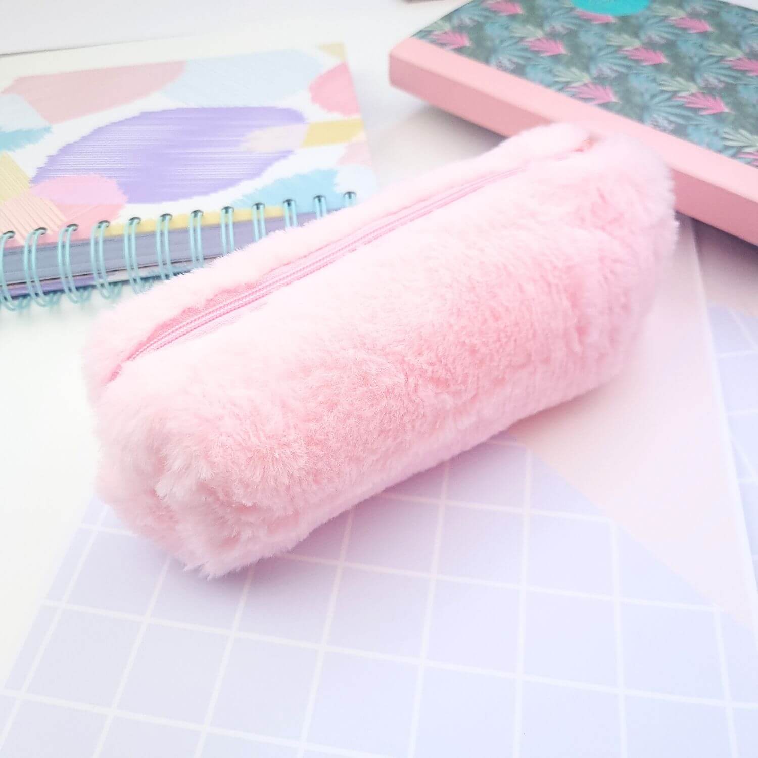 fluffy pencil case in pink