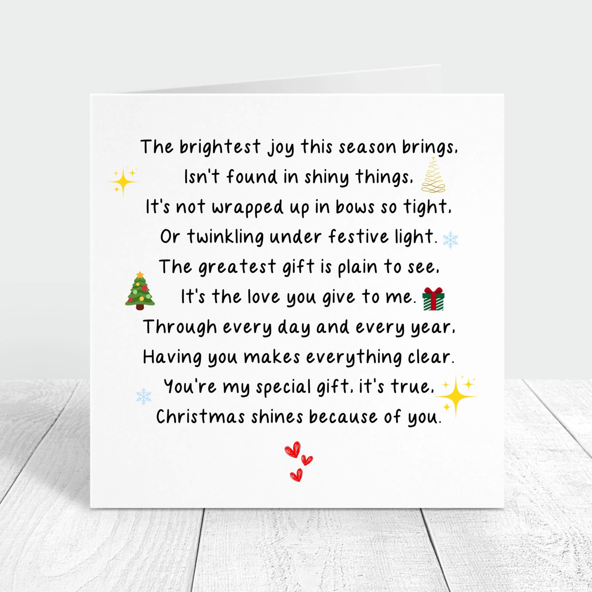 Personalised Christmas card featuring a heartfelt poem with festive icons like a Christmas tree, presents, and stars. Perfect for sharing love and joy during the holiday season.