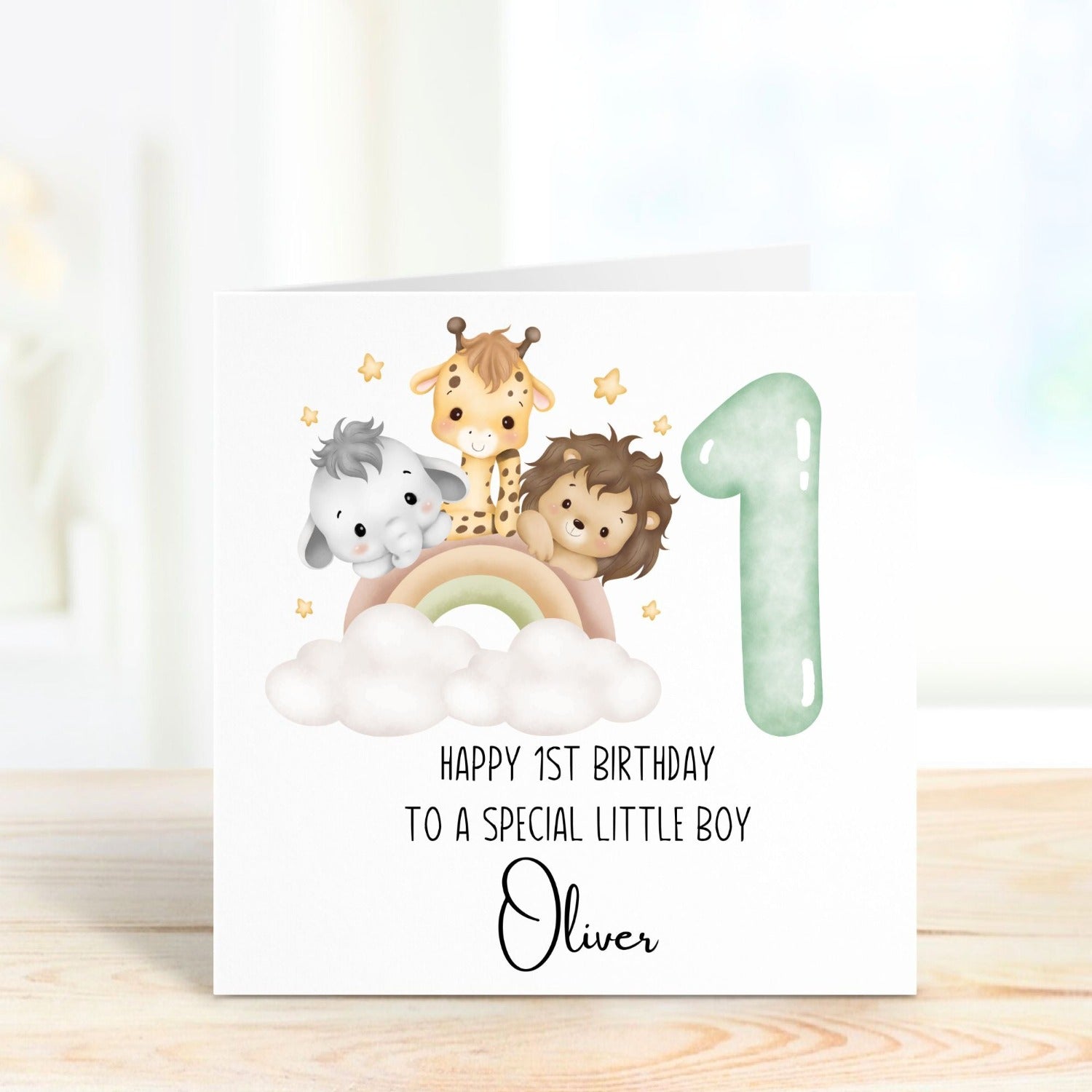 safari baby animals 1st birthday personalised card