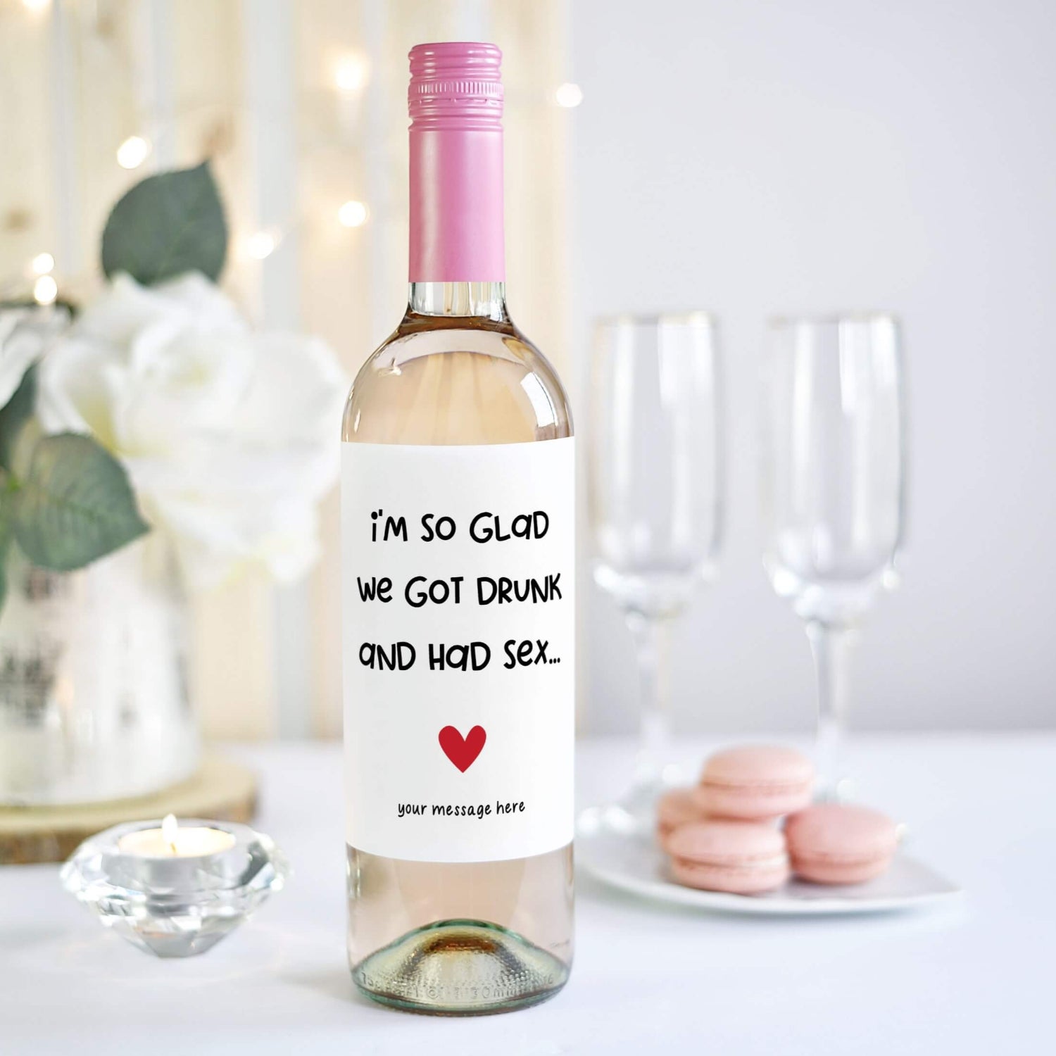 Funny Valentine’s Day wine label featuring a humorous message, perfect for a playful and lighthearted gift for your partner.