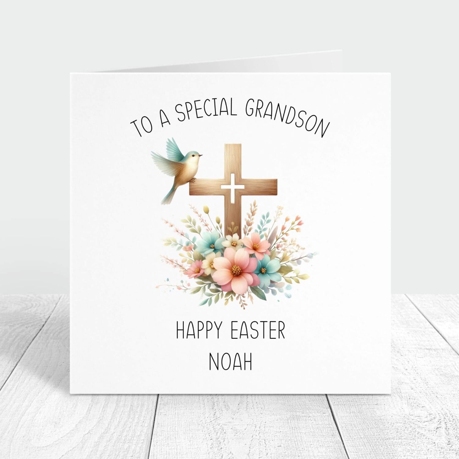 to a special grandson personalised easter card with cross floral