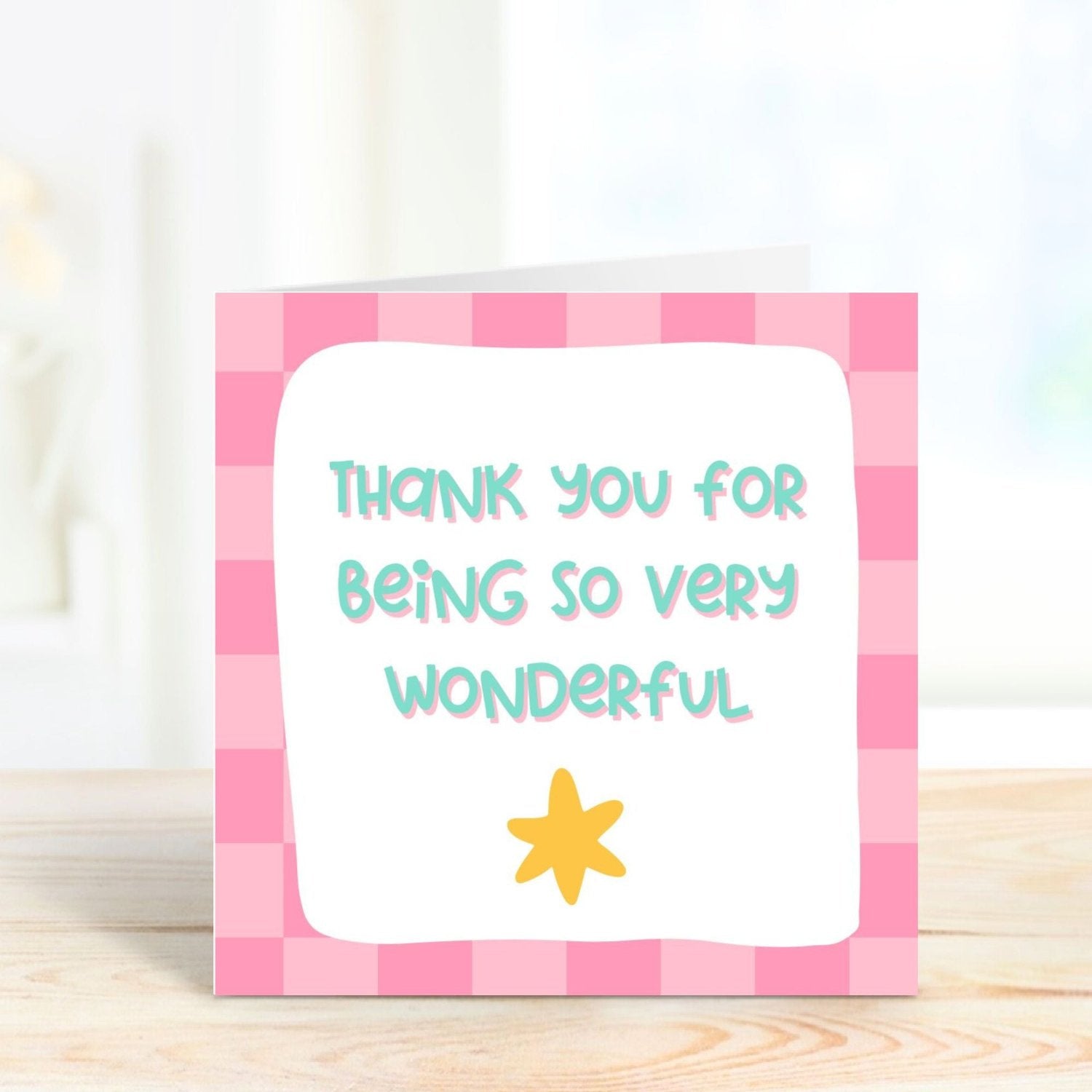 pink thank you card in pastel colours and playful letter saying thank you for being so very wonderful