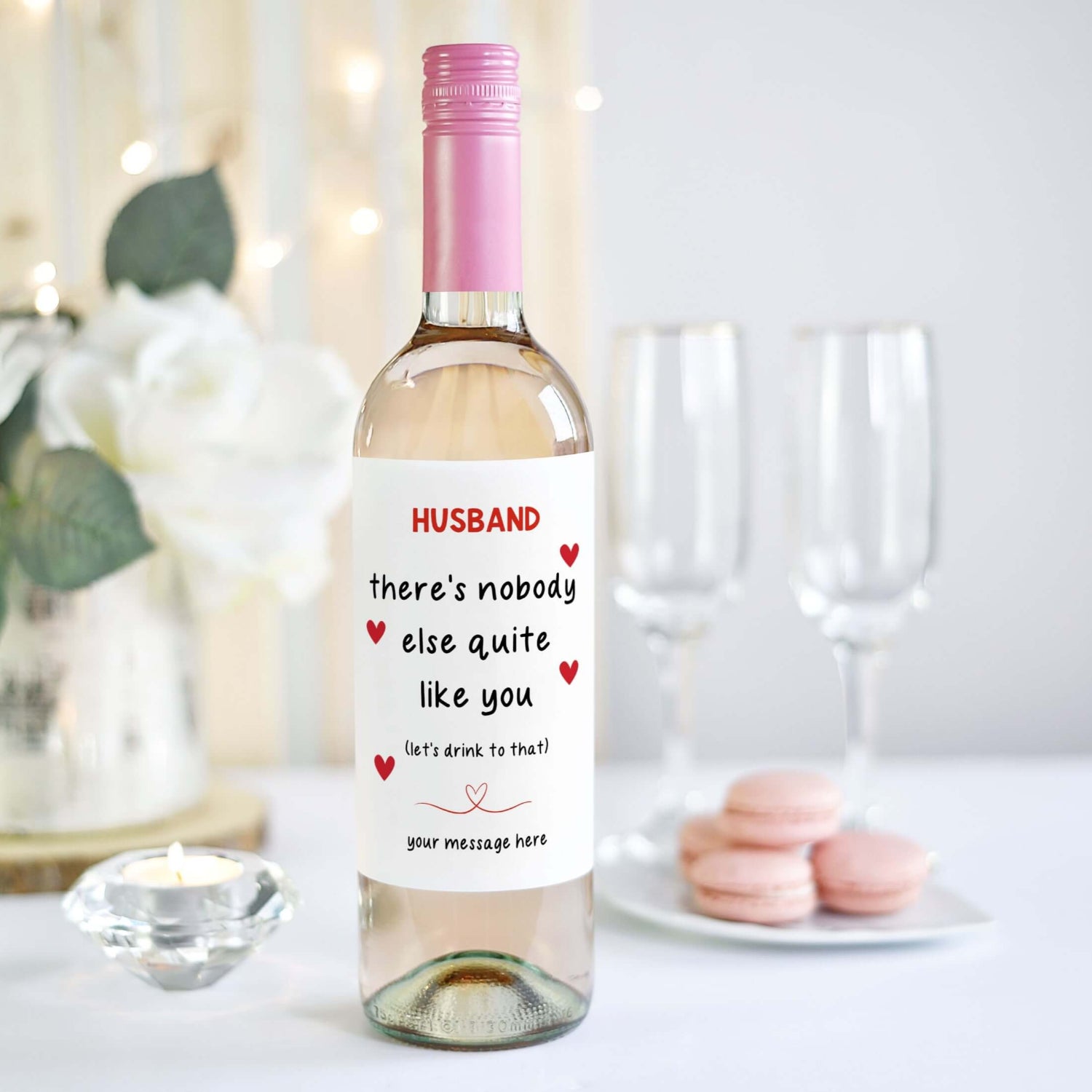 Romantic Valentine’s Day wine label featuring a heartfelt message for husbands, perfect for a personalised gift on a wine bottle.