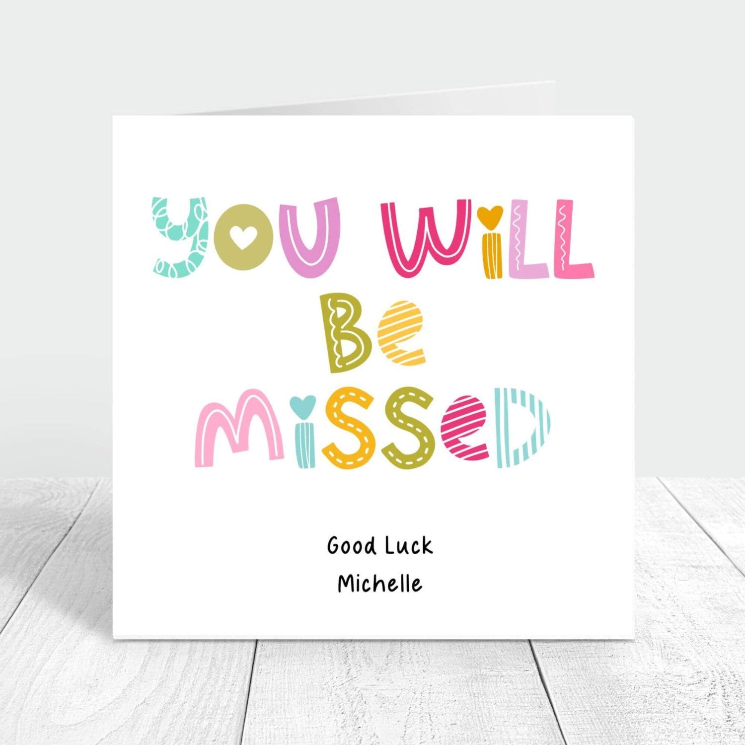 you will be missed personalised greeting card with playful font and colourful letters